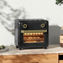HOMCOM Minibackofen mit Umluft, 10L Heißluftfritteuse, Backofen Klein mit 60-Min-Timer und Innenbeleuchtung, 80-230℃, 3 Einschubebenen, Zubehör Spülmaschinenfest, 1000W, Schwarz