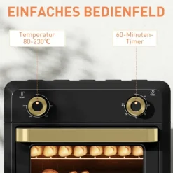 HOMCOM Minibackofen mit Umluft, 10L Heißluftfritteuse, Backofen Klein mit 60-Min-Timer und Innenbeleuchtung, 80-230℃, 3 Einschubebenen, Zubehör Spülmaschinenfest, 1000W, Schwarz
