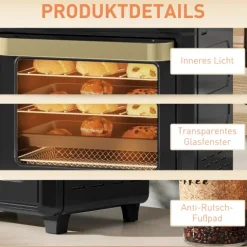 HOMCOM Minibackofen mit Umluft, 10L Heißluftfritteuse, Backofen Klein mit 60-Min-Timer und Innenbeleuchtung, 80-230℃, 3 Einschubebenen, Zubehör Spülmaschinenfest, 1000W, Schwarz