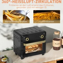 HOMCOM Minibackofen mit Umluft, 10L Heißluftfritteuse, Backofen Klein mit 60-Min-Timer und Innenbeleuchtung, 80-230℃, 3 Einschubebenen, Zubehör Spülmaschinenfest, 1000W, Schwarz