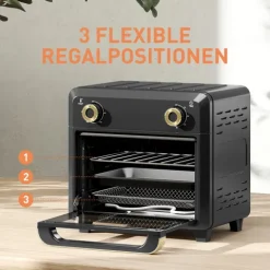 HOMCOM Minibackofen mit Umluft, 10L Heißluftfritteuse, Backofen Klein mit 60-Min-Timer und Innenbeleuchtung, 80-230℃, 3 Einschubebenen, Zubehör Spülmaschinenfest, 1000W, Schwarz