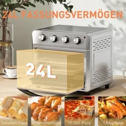 HOMCOM Mini Backofen mit Umluft 24 L 1600W 90-230℃ Heißluftofen mit 60 Min. Timer, Heißluftfritteuse inkl. Backblech Grillrost, Minibackofen mit Innenbeleuchtung, Silber