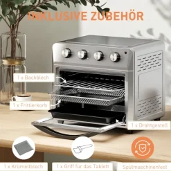 HOMCOM Mini Backofen mit Umluft 24 L 1600W 90-230℃ Heißluftofen mit 60 Min. Timer, Heißluftfritteuse inkl. Backblech Grillrost, Minibackofen mit Innenbeleuchtung, Silber