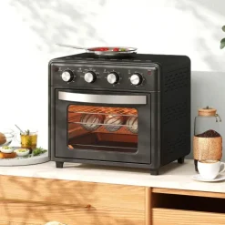 HOMCOM Minibackofen mit Umluft 30L Mini Ofen mit Backblech, Grillrost und Krümelblech, 90 °C-230 °C Heißluftfritteuse mit 7 Modi, Frittierkorb, 60 Min. Timer, 1600W, Metall