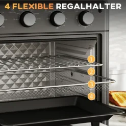 HOMCOM Minibackofen mit Umluft 30L Mini Ofen mit Backblech, Grillrost und Krümelblech, 90 °C-230 °C Heißluftfritteuse mit 7 Modi, Frittierkorb, 60 Min. Timer, 1600W, Metall
