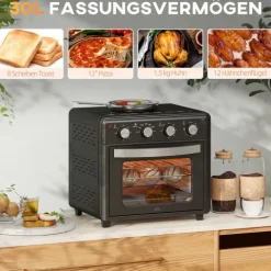 HOMCOM Minibackofen mit Umluft 30L Mini Ofen mit Backblech, Grillrost und Krümelblech, 90 °C-230 °C Heißluftfritteuse mit 7 Modi, Frittierkorb, 60 Min. Timer, 1600W, Metall