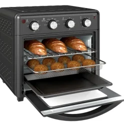 HOMCOM Minibackofen mit Umluft 30L Mini Ofen mit Backblech, Grillrost und Krümelblech, 90 °C-230 °C Heißluftfritteuse mit 7 Modi, Frittierkorb, 60 Min. Timer, 1600W, Metall