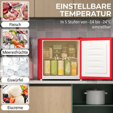 HOMCOM Mini-Gefrierschrank 35 L Gefrierbox elektrisch freistehend 45 W Mini Gefriertruhe Minikühlschrank 41dB -14 bis -24℃ 5-stufige Temperaturregelung 47 x 44,2 x 48,8 cm Rot