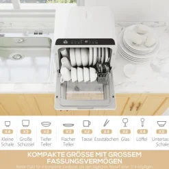 HOMCOM Mini Geschirrspüler Freistehend Tischgeschirrspüler mit 4 Maßgedecke 5 Programmen Trocken Funktion 6L Wassertank Touch Control LED Anzeige Spülmaschine mit/ohne Wasseranschluss für Camping Weiß