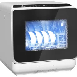 HOMCOM Mini Geschirrspüler Freistehend Tischgeschirrspüler mit 4 Maßgedecke 5 Programmen Trocken Funktion 6L Wassertank Touch Control LED Anzeige Spülmaschine mit/ohne Wasseranschluss für Camping Weiß