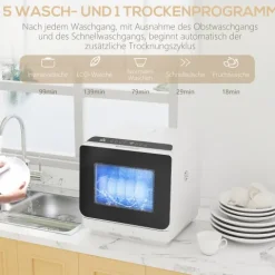 HOMCOM Mini Geschirrspüler Freistehend Tischgeschirrspüler mit 4 Maßgedecke 5 Programmen Trocken Funktion 6L Wassertank Touch Control LED Anzeige Spülmaschine mit/ohne Wasseranschluss für Camping Weiß