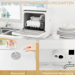 HOMCOM Mini Geschirrspüler Freistehend Tischgeschirrspüler mit 4 Maßgedecke 5 Programmen Trocken Funktion 6L Wassertank Touch Control LED Anzeige Spülmaschine mit/ohne Wasseranschluss für Camping Weiß