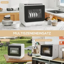 HOMCOM Mini Geschirrspüler Freistehend Tischgeschirrspüler mit 4 Maßgedecke 5 Programmen Trocken Funktion 6L Wassertank Touch Control LED Anzeige Spülmaschine mit/ohne Wasseranschluss für Camping Weiß