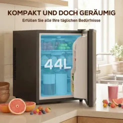 HOMCOM Mini Kühlschrank 44L/46 Dosen Kleiner Kühlschrank mit einstellbarem Thermostat, verstellbaren Einlegeböden, Innenbeleuchtung, Verstellbare Fußpolster für Schlafzimmer, Büro, Wohnheim, Schwarz