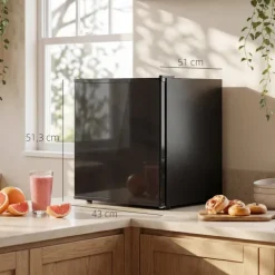 HOMCOM Mini Kühlschrank 44L/46 Dosen Kleiner Kühlschrank mit einstellbarem Thermostat, verstellbaren Einlegeböden, Innenbeleuchtung, Verstellbare Fußpolster für Schlafzimmer, Büro, Wohnheim, Schwarz