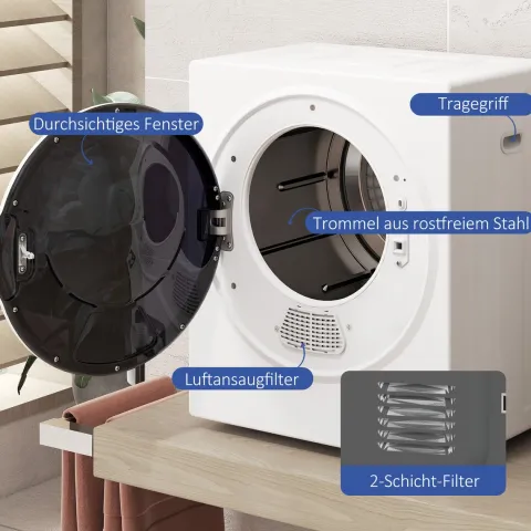 HOMCOM Mini Wäschetrockner 4 kg mit 4 Programme bis zu 65℃ 850W Freistehend Wandmontierbar Ablufttrockner mit 2 Heizstufen, Sterilisation, Edelstahltrommel Trockner für Kleidung Wohnmobile Weiß