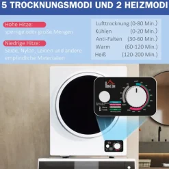 HOMCOM Mini Wäschetrockner 4 kg mit 4 Programme bis zu 65℃ 850W Freistehend Wandmontierbar Ablufttrockner mit 2 Heizstufen, Sterilisation, Edelstahltrommel Trockner für Kleidung Wohnmobile Weiß
