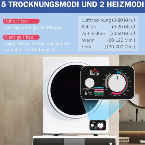 HOMCOM Mini Wäschetrockner 4 kg mit 4 Programme bis zu 65℃ 850W Freistehend Wandmontierbar Ablufttrockner mit 2 Heizstufen, Sterilisation, Edelstahltrommel Trockner für Kleidung Wohnmobile Weiß