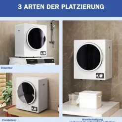 HOMCOM Mini Wäschetrockner 4 kg mit 4 Programme bis zu 65℃ 850W Freistehend Wandmontierbar Ablufttrockner mit 2 Heizstufen, Sterilisation, Edelstahltrommel Trockner für Kleidung Wohnmobile Weiß