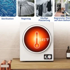 HOMCOM Mini Wäschetrockner 4 kg mit 4 Programme bis zu 65℃ 850W Freistehend Wandmontierbar Ablufttrockner mit 2 Heizstufen, Sterilisation, Edelstahltrommel Trockner für Kleidung Wohnmobile Weiß