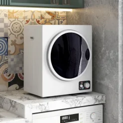 HOMCOM Mini Wäschetrockner 4 kg mit 4 Programme bis zu 65℃ 850W Freistehend Wandmontierbar Ablufttrockner mit 2 Heizstufen, Sterilisation, Edelstahltrommel Trockner für Kleidung Wohnmobile Weiß