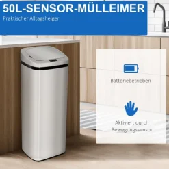 HOMCOM Mülleimer Automatik mit Sensor Abfalleimer Küche Edelstahl 50/68L Silber (50L)