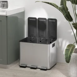 HOMCOM Mülleimer Küche 3 x 20 L Treteimer mit Softclose-Deckel und Pedal Mülltrennsystem 3 Fächer inkl. Inneneimer Abfalleimer Abfallsammler, Edelstahl, Silber, 61,9 x 36,6 x 56,7 cm