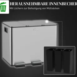 HOMCOM Mülleimer Küche 3 x 20 L Treteimer mit Softclose-Deckel und Pedal Mülltrennsystem 3 Fächer inkl. Inneneimer Abfalleimer Abfallsammler, Edelstahl, Silber, 61,9 x 36,6 x 56,7 cm