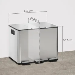 HOMCOM Mülleimer Küche 3 x 20 L Treteimer mit Softclose-Deckel und Pedal Mülltrennsystem 3 Fächer inkl. Inneneimer Abfalleimer Abfallsammler, Edelstahl, Silber, 61,9 x 36,6 x 56,7 cm
