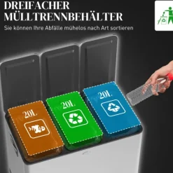 HOMCOM Mülleimer Küche 3 x 20 L Treteimer mit Softclose-Deckel und Pedal Mülltrennsystem 3 Fächer inkl. Inneneimer Abfalleimer Abfallsammler, Edelstahl, Silber, 61,9 x 36,6 x 56,7 cm