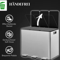 HOMCOM Mülleimer Küche 3 x 20 L Treteimer mit Softclose-Deckel und Pedal Mülltrennsystem 3 Fächer inkl. Inneneimer Abfalleimer Abfallsammler, Edelstahl, Silber, 61,9 x 36,6 x 56,7 cm