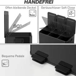 HOMCOM Mülleimer Küche 3 x 20 L Treteimer mit Softclose-Deckel und Pedal Mülltrennsystem 3 Fächer inkl. Inneneimer Abfalleimer Abfallsammler, Edelstahl, Schwarz, 61,9 x 36,6 x 56,7 cm