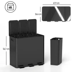 HOMCOM Mülleimer Küche 3 x 20 L Treteimer mit Softclose-Deckel und Pedal Mülltrennsystem 3 Fächer inkl. Inneneimer Abfalleimer Abfallsammler, Edelstahl, Schwarz, 61,9 x 36,6 x 56,7 cm
