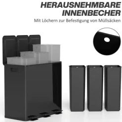 HOMCOM Mülleimer Küche 3 x 20 L Treteimer mit Softclose-Deckel und Pedal Mülltrennsystem 3 Fächer inkl. Inneneimer Abfalleimer Abfallsammler, Edelstahl, Schwarz, 61,9 x 36,6 x 56,7 cm