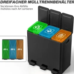 HOMCOM Mülleimer Küche 3 x 20 L Treteimer mit Softclose-Deckel und Pedal Mülltrennsystem 3 Fächer inkl. Inneneimer Abfalleimer Abfallsammler, Edelstahl, Schwarz, 61,9 x 36,6 x 56,7 cm
