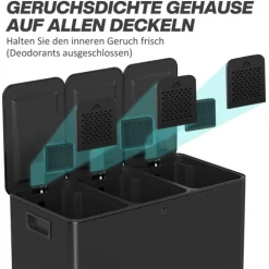 HOMCOM Mülleimer Küche 3 x 20 L Treteimer mit Softclose-Deckel und Pedal Mülltrennsystem 3 Fächer inkl. Inneneimer Abfalleimer Abfallsammler, Edelstahl, Schwarz, 61,9 x 36,6 x 56,7 cm