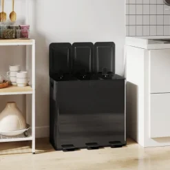 HOMCOM Mülleimer Küche 3 x 20 L Treteimer mit Softclose-Deckel und Pedal Mülltrennsystem 3 Fächer inkl. Inneneimer Abfalleimer Abfallsammler, Edelstahl, Schwarz, 61,9 x 36,6 x 56,7 cm