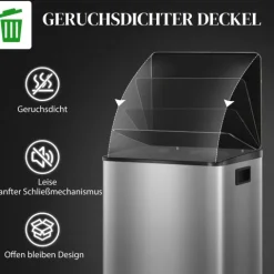 HOMCOM Mülleimer Küche 2x30L Treteimer mit Softclose-Deckel Pedal Fingerabdruckfreie Edelstahl Mülltrennsystem mit 2 Fächer recycelbare Abfälle Abnehmbarer Inneneimer Silber 47,7x37,5x66,8cm