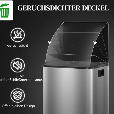 HOMCOM Mülleimer Küche 2x30L Treteimer mit Softclose-Deckel Pedal Fingerabdruckfreie Edelstahl Mülltrennsystem mit 2 Fächer recycelbare Abfälle Abnehmbarer Inneneimer Silber 47,7x37,5x66,8cm