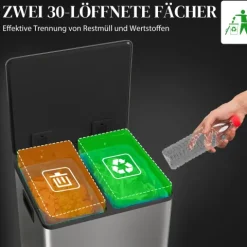 HOMCOM Mülleimer Küche 2x30L Treteimer mit Softclose-Deckel Pedal Fingerabdruckfreie Edelstahl Mülltrennsystem mit 2 Fächer recycelbare Abfälle Abnehmbarer Inneneimer Silber 47,7x37,5x66,8cm