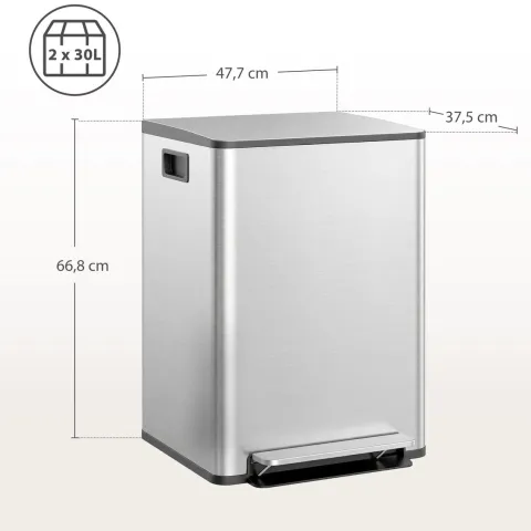 HOMCOM Mülleimer Küche 2x30L Treteimer mit Softclose-Deckel Pedal Fingerabdruckfreie Edelstahl Mülltrennsystem mit 2 Fächer recycelbare Abfälle Abnehmbarer Inneneimer Silber 47,7x37,5x66,8cm
