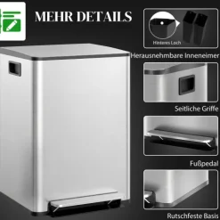 HOMCOM Mülleimer Küche 2x30L Treteimer mit Softclose-Deckel Pedal Fingerabdruckfreie Edelstahl Mülltrennsystem mit 2 Fächer recycelbare Abfälle Abnehmbarer Inneneimer Silber 47,7x37,5x66,8cm