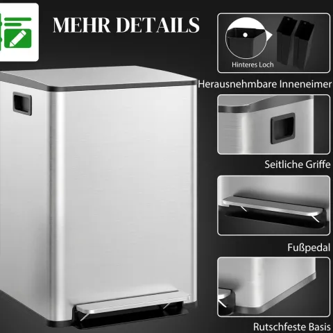 HOMCOM Mülleimer Küche 2x30L Treteimer mit Softclose-Deckel Pedal Fingerabdruckfreie Edelstahl Mülltrennsystem mit 2 Fächer recycelbare Abfälle Abnehmbarer Inneneimer Silber 47,7x37,5x66,8cm