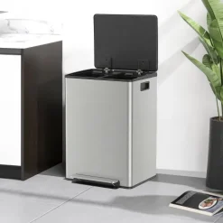 HOMCOM Mülleimer Küche 2x30L Treteimer mit Softclose-Deckel Pedal Fingerabdruckfreie Edelstahl Mülltrennsystem mit 2 Fächer recycelbare Abfälle Abnehmbarer Inneneimer Silber 47,7x37,5x66,8cm