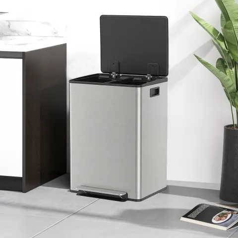 HOMCOM Mülleimer Küche 2x30L Treteimer mit Softclose-Deckel Pedal Fingerabdruckfreie Edelstahl Mülltrennsystem mit 2 Fächer recycelbare Abfälle Abnehmbarer Inneneimer Silber 47,7x37,5x66,8cm