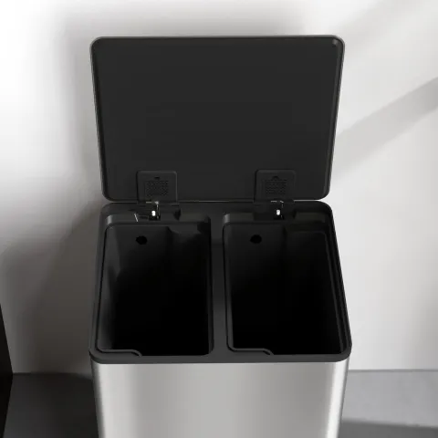 HOMCOM Mülleimer Küche 2x30L Treteimer mit Softclose-Deckel Pedal Fingerabdruckfreie Edelstahl Mülltrennsystem mit 2 Fächer recycelbare Abfälle Abnehmbarer Inneneimer Silber 47,7x37,5x66,8cm
