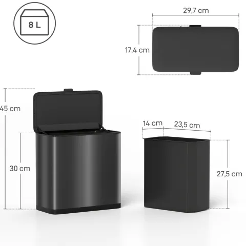 HOMCOM Mülleimer 8 L hängend Abfalleimer mit ofen bleibendem Deckel und abnehmbarem Inneneimer, Abfallsammler, Edelstahl, Schwarz, 29,7 x 17,4 x 30 cm