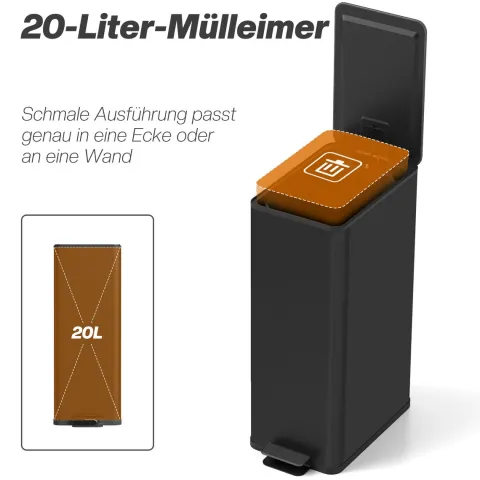 HOMCOM Mülleimer 20 L Treteimer mit Softclose-Deckel und Pedal Abfalleimerinkl. Inneneimer Abfallsammler, Edelstahl für Bad, Schlaf- oder Wohnzimmer, Schwarz, 21,5 x 37,2 x 57 cm
