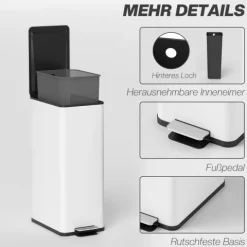 HOMCOM Mülleimer 20 L Treteimer mit Softclose-Deckel und Pedal Abfalleimerinkl. Inneneimer Abfallsammler, Edelstahl für Bad, Schlaf- oder Wohnzimmer, Weiß, 21,5 x 37,2 x 57 cm