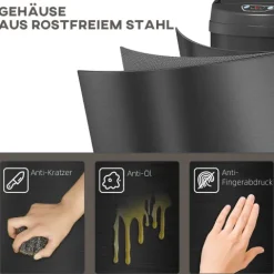 HOMCOM Mülleimer mit Sensor 30L Edelstahl Automatischer Leiser Mülleimer mit Soft-Close-Deckel, Bewegungssensor, Fingerabdruckresistente Abfalleimer für Büro, Schlafzimmer, Küchen Schwarz